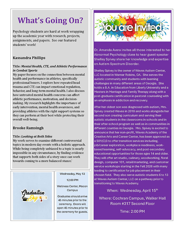 The second page of a psychology newsletter featuring student research spotlights for Kassandra Phillips and Brooke Ramsingh, a "You are Invited" section for a guest speaker event on Autism Spectrum Disorder, and a graduation announcement for May 13th on the Macon Campus.